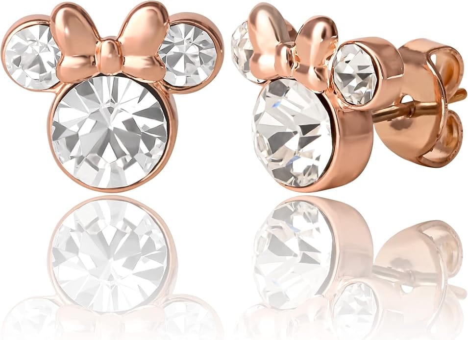 Rose gold Disney Minnie Mouse earrings with crystal accents, perfect for Amazon Prime Big Deal Day.