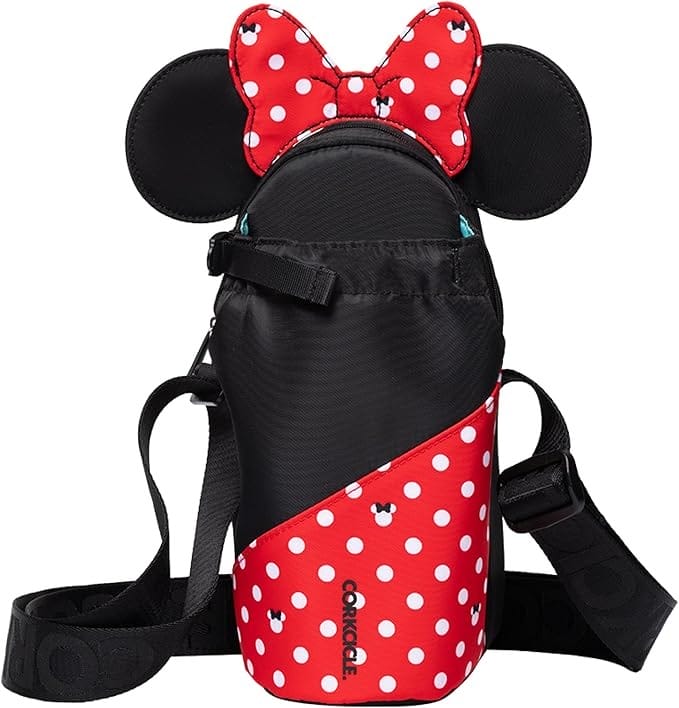 Disney-inspired black and red polka dot bottle holder with mouse ears, red bow, and adjustable strap; perfect for Big Deal Day.