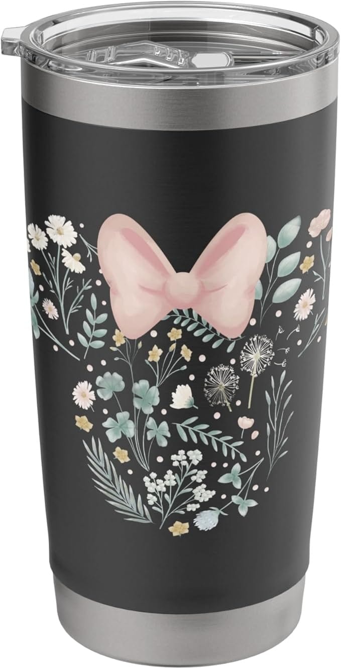 Black tumbler with a pink bow and pastel Disney floral design—perfect for Big Deal Day or your next Amazon Prime find.