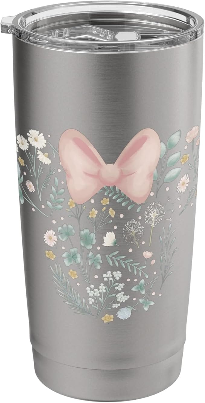 Silver tumbler with a pink bow and pastel floral design, perfect for Disney fans shopping Amazon Prime Big Deal Day.