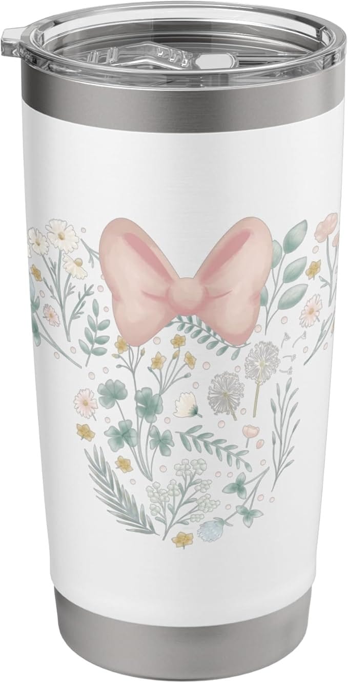 White tumbler with a pink bow and pastel floral design, perfect for Disney fans—grab it on Big Deal Day at Amazon Prime.