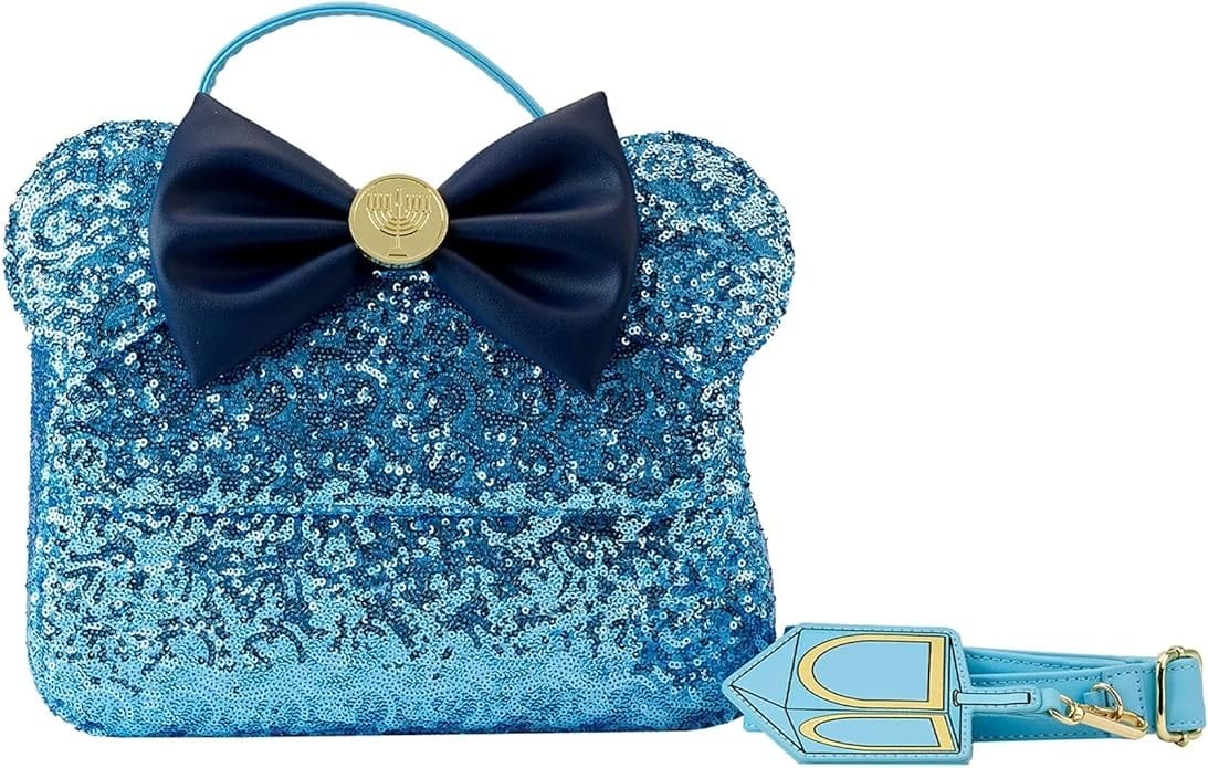 Blue sequin purse with mouse ears, navy bow, menorah emblem—pairs perfectly with Disney backpacks for themed outings.