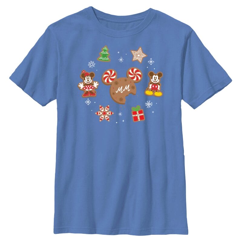 Blue tee with Christmas gingerbread Mickey, candy canes, snowflakes, tree & presents; classic Disney Parks festive style.