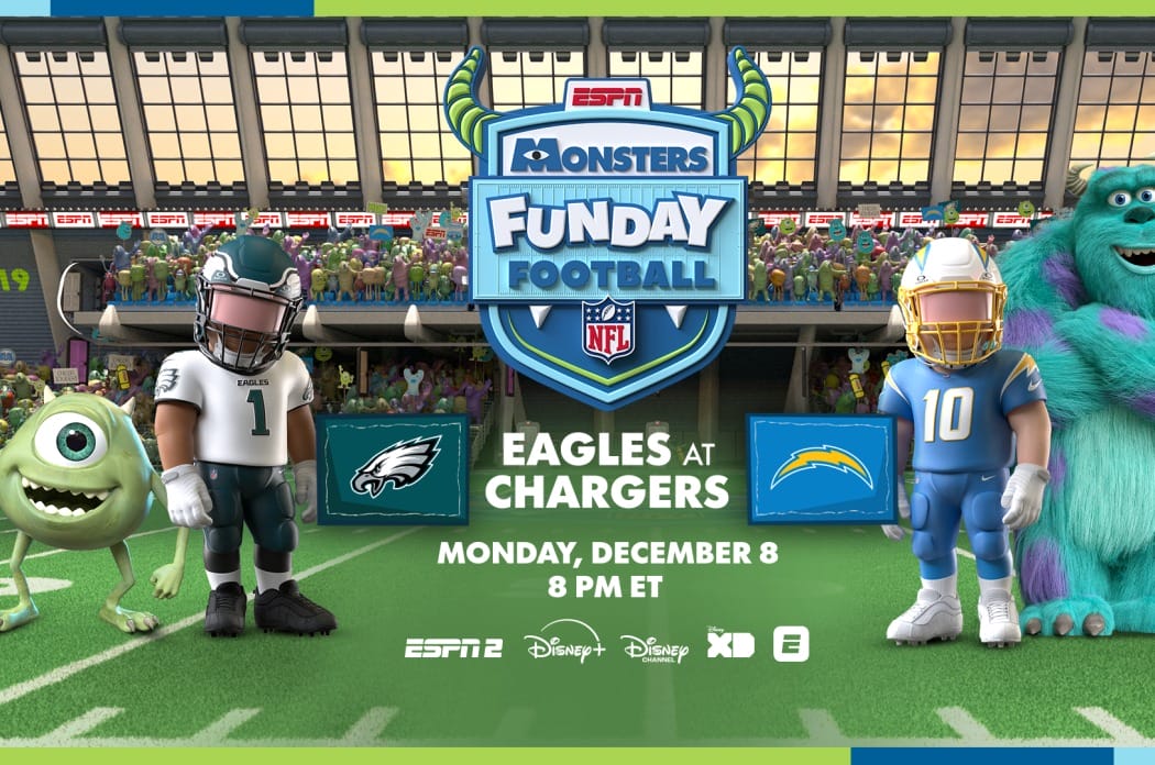 NFL Monsters, Inc. Funday Football: Eagles-Chargers game with live animated characters, like a parade at Disney Parks stadium.