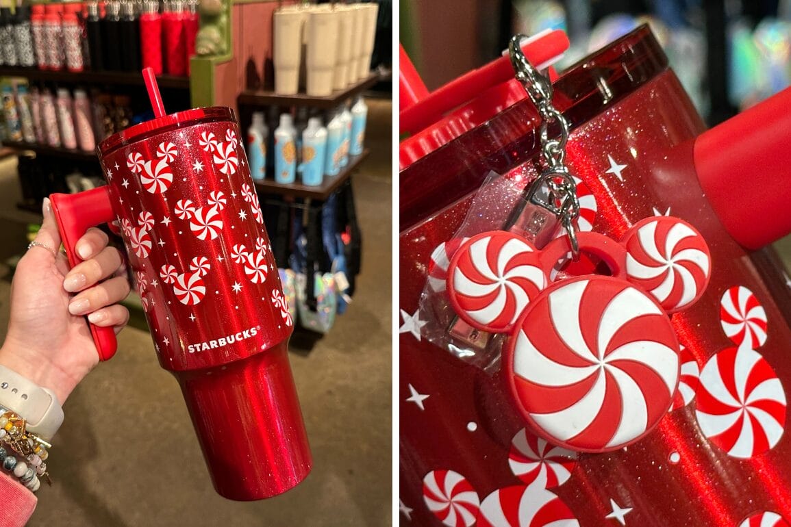 تراول ماگ قرمز استارباکس با طرح‌های آب‌نبات نعنایی در کنار یک جاکلیدی از نمادهای تعطیلات دیزنی ورلد، از جمله اشکال میکی—قلعه‌ای دیده نمی‌شود.
