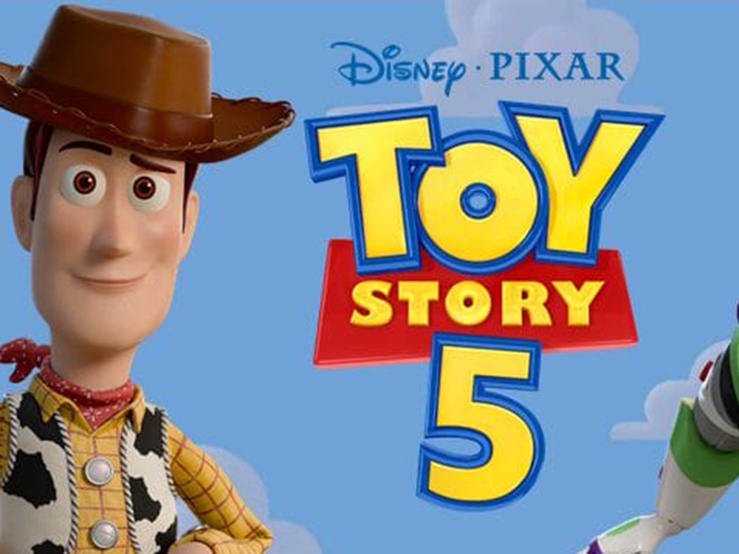 Woody and Buzz Lightyear with the "Toy Story 5" logo in front of a cloud background reminiscent of Andy's room.