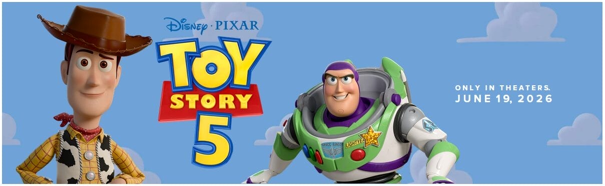 Woody and Buzz pose by the “Toy Story 5” logo in front of the blue cloud wallpaper of Andy's bedroom.