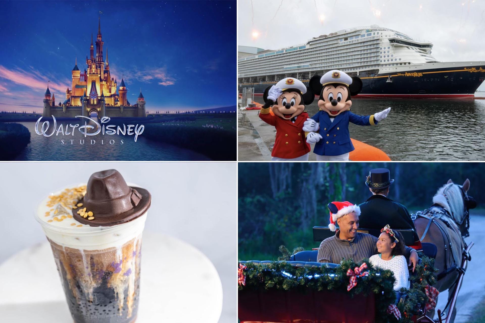 A daily recap collage with a Disney park castle—resembling Cinderella Castle, Mickey and Minnie by a cruise, dessert, and a festive holiday carriage ride.