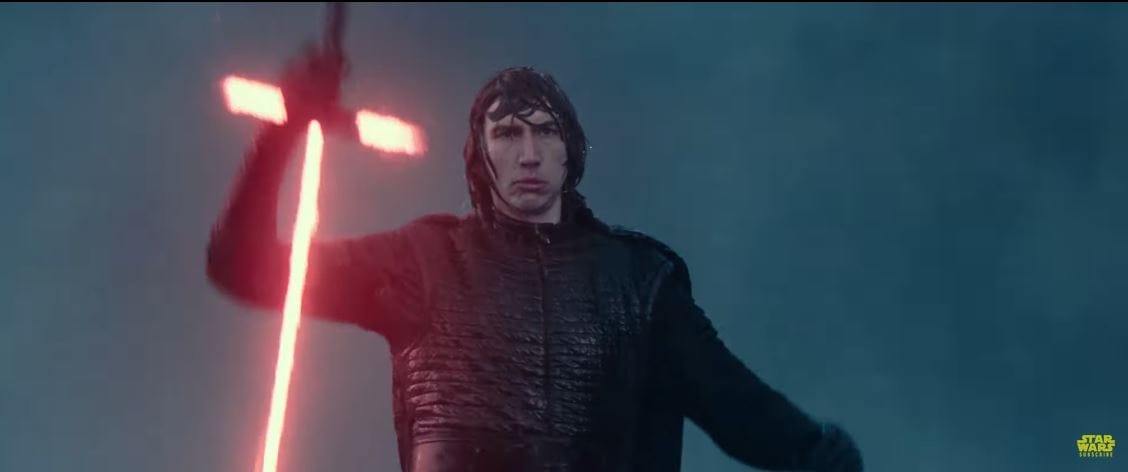 A person in dark attire wields a red cross lightsaber in rainy MCO Terminals A B C—no Disney castle, so no comparison needed.