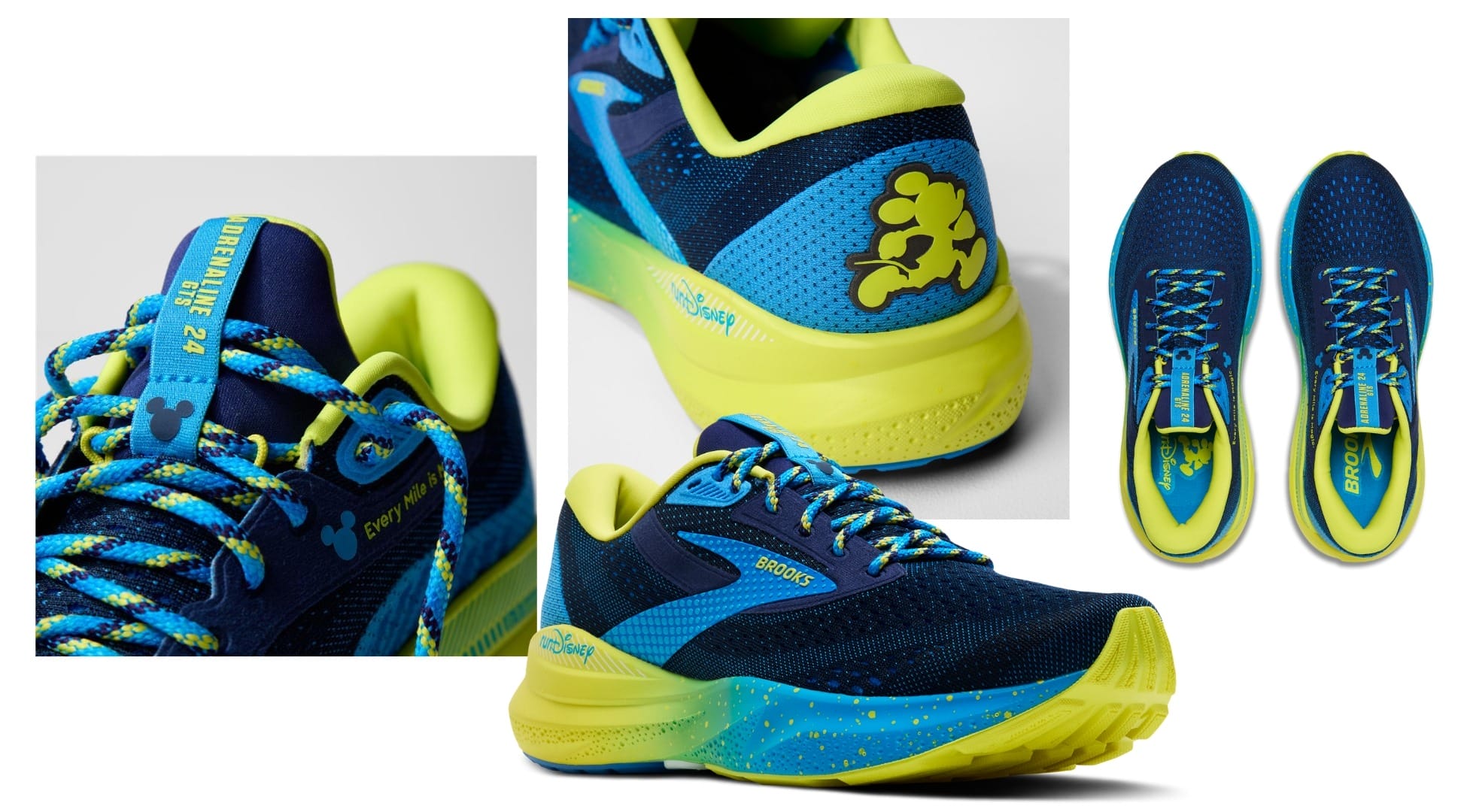 Blue and yellow Brooks Running Shoes featuring Mickey Mouse, inspired by EPCOT's Wine & Dine Half Marathon at Walt Disney World.