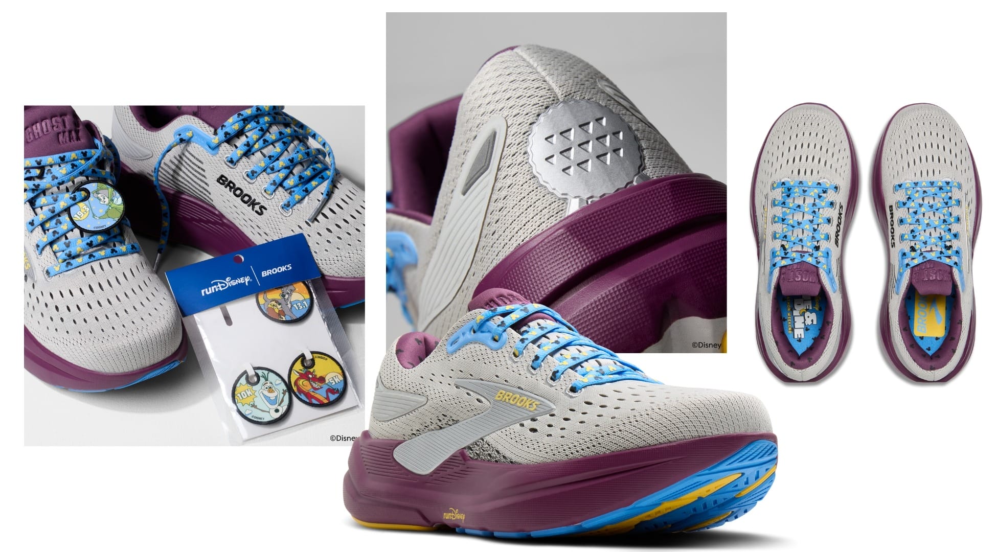 Four views of Brooks running shoes with Disney park-inspired charms, purple soles, blue laces, and playful insoles.