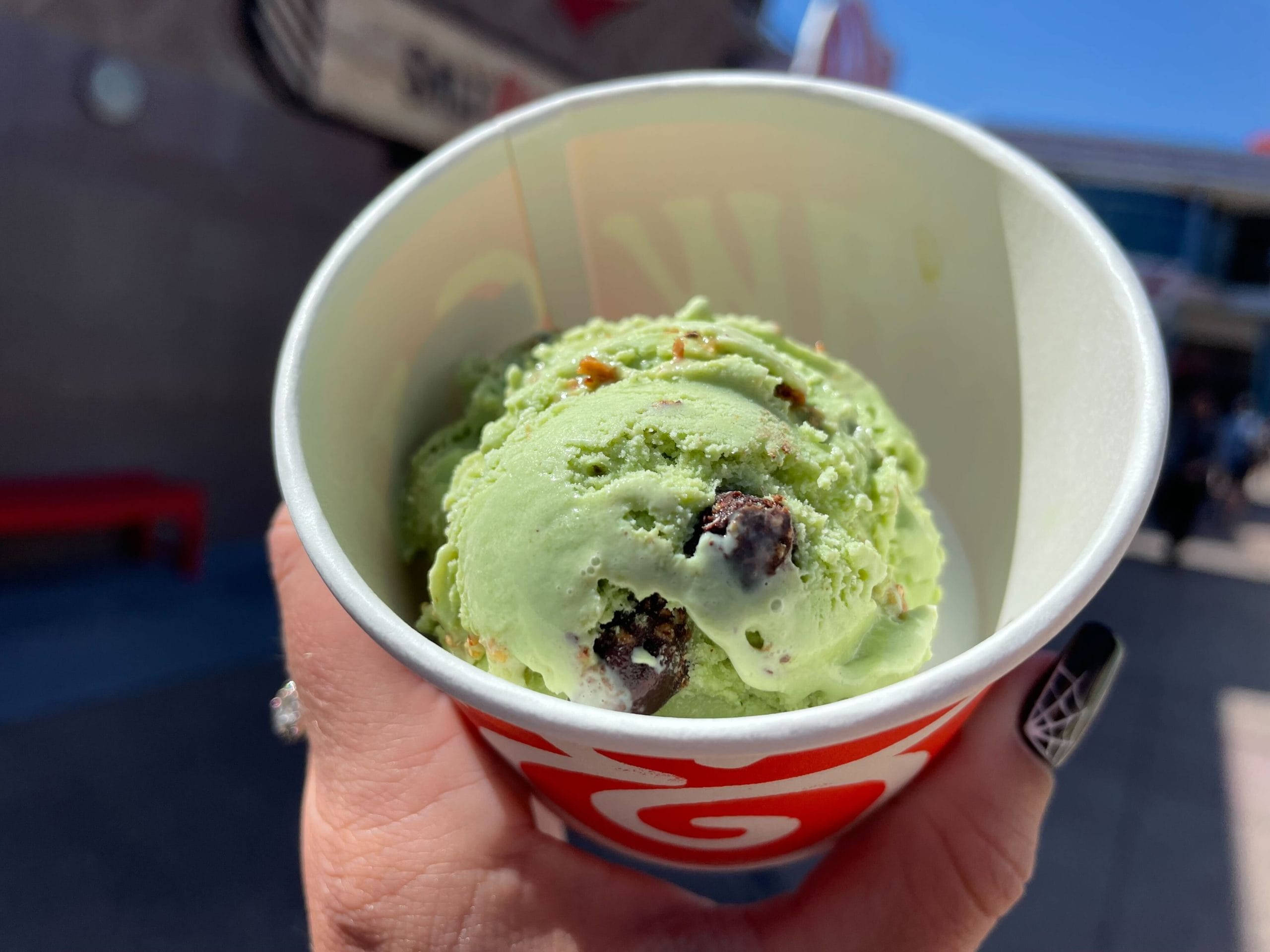 A hand holds a Salt & Straw cup with a scoop of Creepy Crawly Critters matcha ice cream with chocolate-covered bugs.