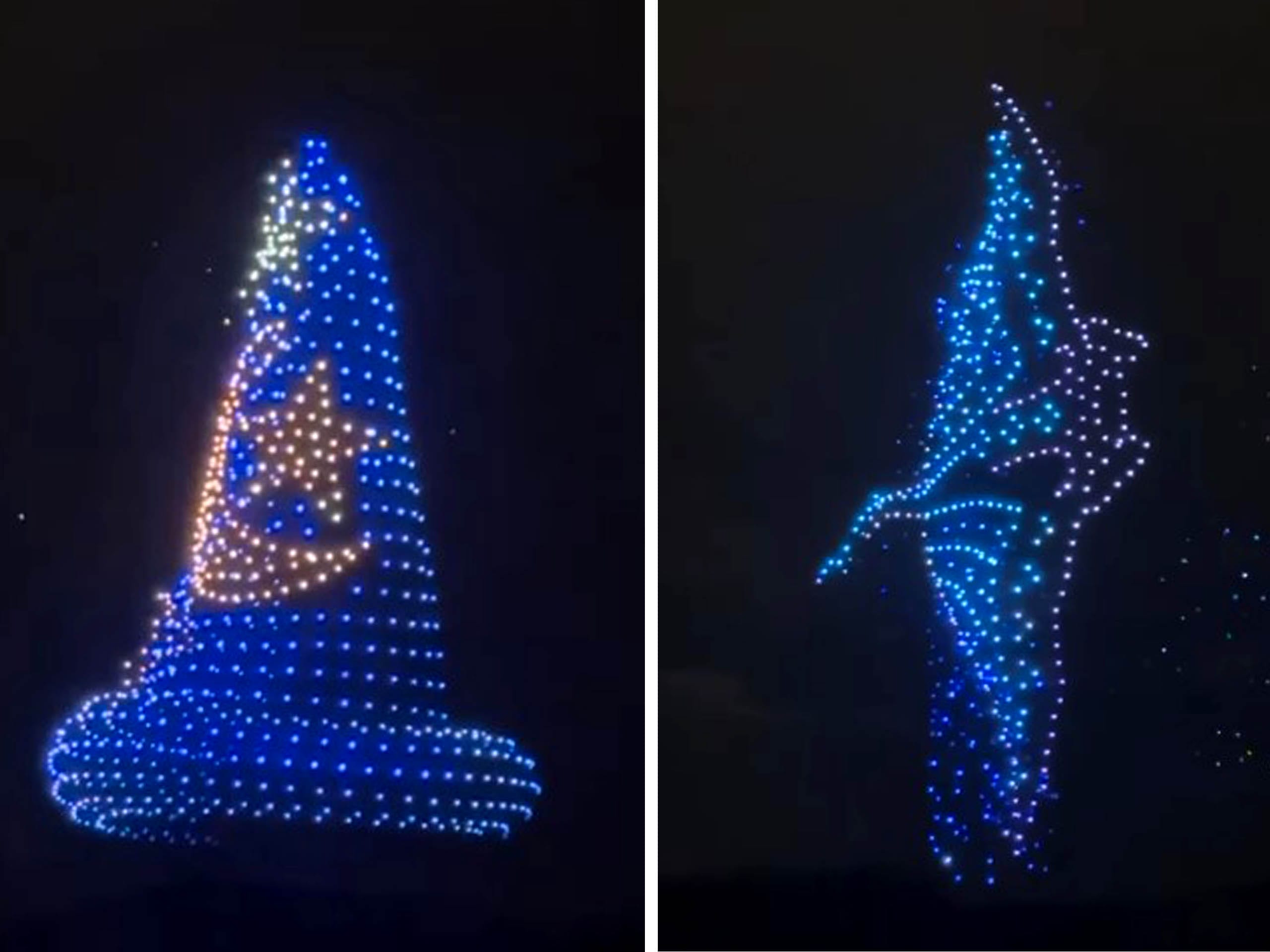A blue wizard hat with a yellow star, created by drones, glows in the night sky—front and side views, evoking Disney magic.