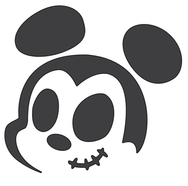 Cartoon face with big Disney-style ears and stitched mouth, resembling a spooky park zombie—perfect for pumpkin carving fun.