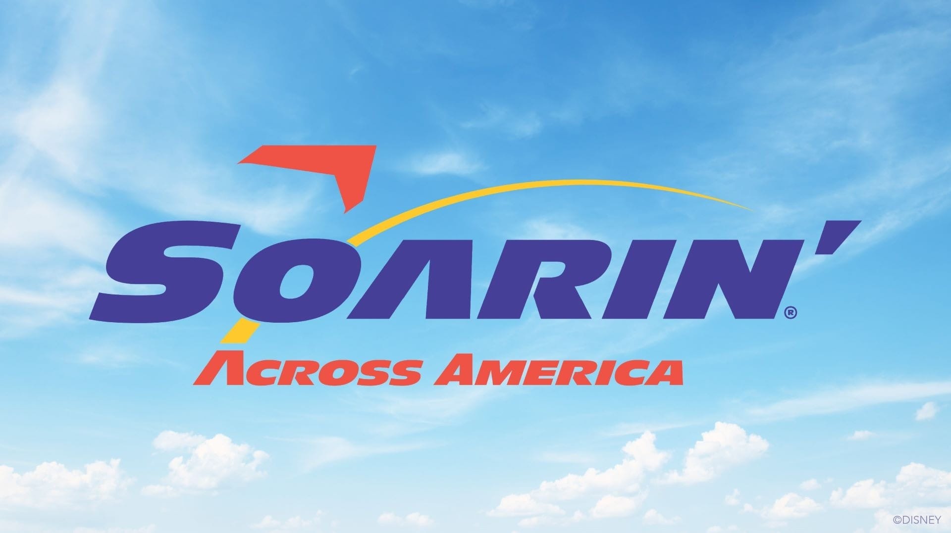 Soarin' Across America" logo at MCO with blue skies and clouds, highlighting Terminals A, B, and C—classic Disney park vibes.