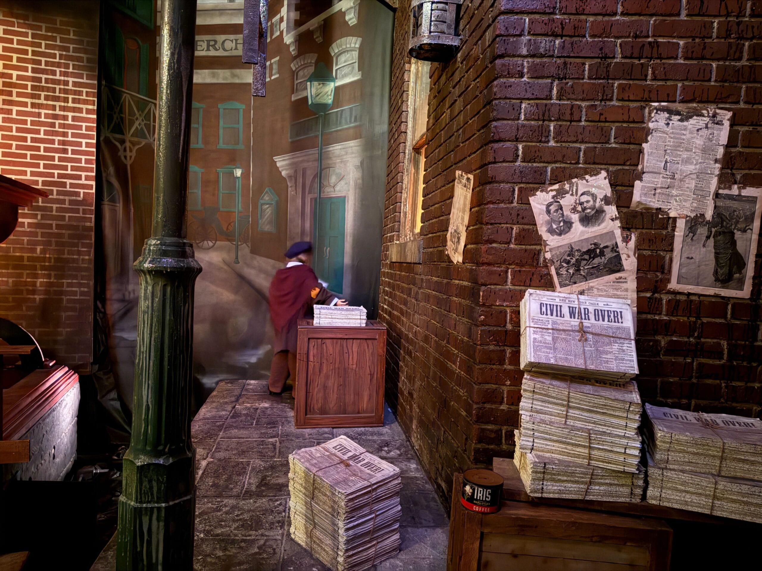 A child in period dress stands by newspaper stacks; "Civil War Over!" posters on Spaceship Earth evoke Epcot’s unique icon, not a castle.