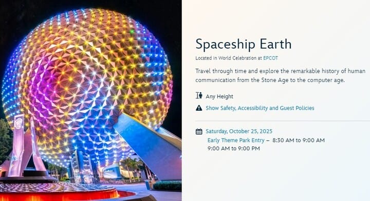 Spaceship Earth shines at night with vibrant lights, attraction details nearby, soon reopening after refurbishment at EPCOT—not a castle.