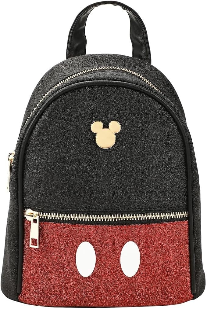 Glittery black and red Mickey Mouse-inspired backpack with gold Mickey icon.