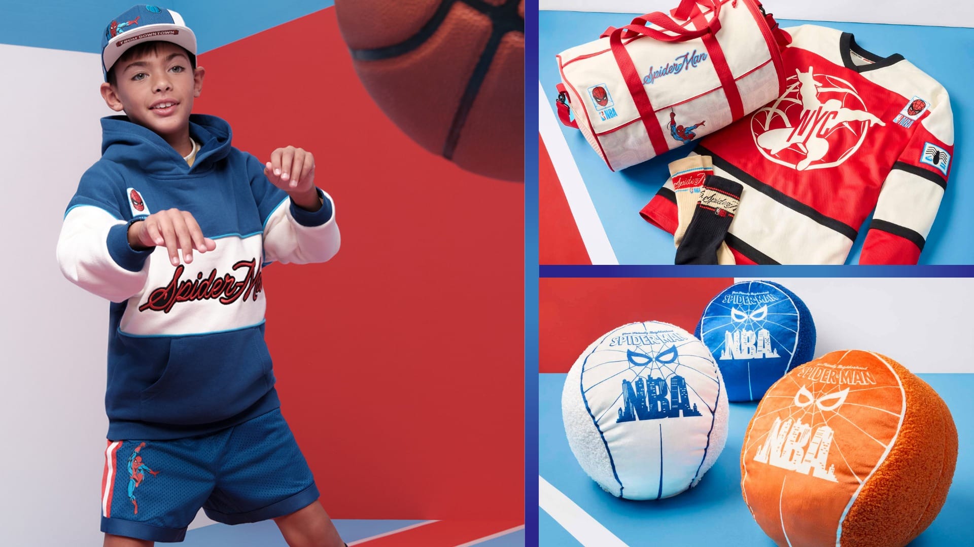 A boy in a Spider-Man hoodie stands with NBA gear from Macy's Collection, reminiscent of Disney park shops but no castle visible.