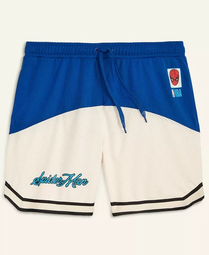 Blue and white basketball shorts with NBA and Spider-Man logos, styled for Disney parks fans, but no castle like Disneyland’s in view.