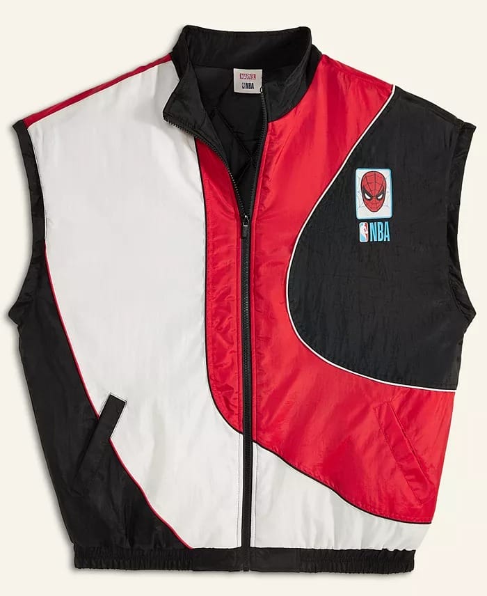 Sleeveless NBA zip-up vest with red, black, and white panels, Spider-Man logo patch—perfect for a day at Disneyland or Disney World.