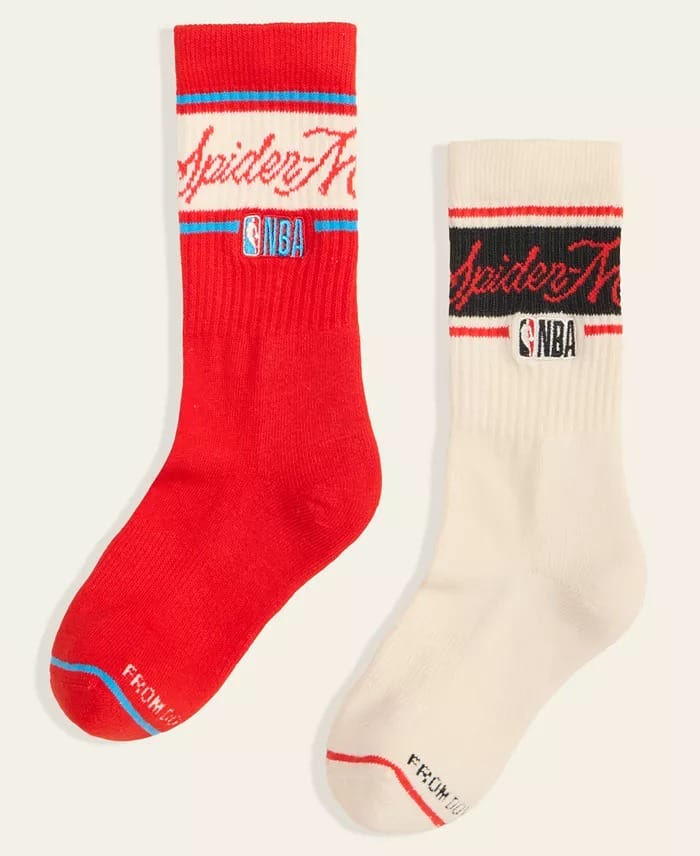 Two socks, one red and one white, featuring "Spider" text, NBA logo, blue/black details—not from Disney parks or castle themes.