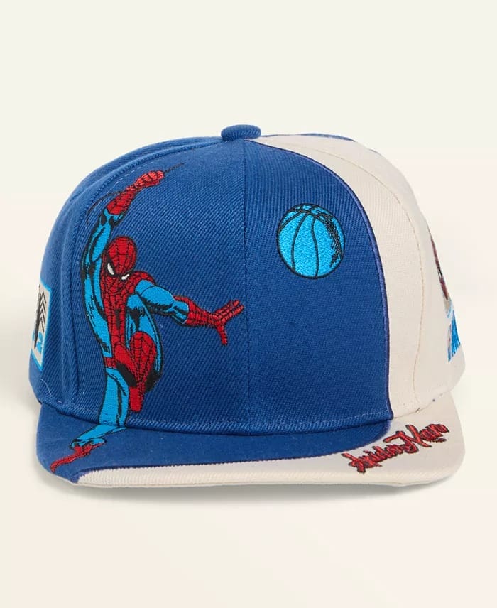 Blue and white cap from Macy's Collection with Spider-Man, basketball graphic, and embroidered "Spider-Man" text; no Disney castle.