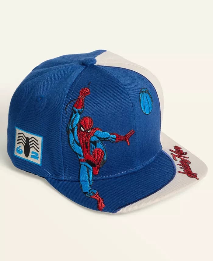 Blue and white Spider-Man cap with embroidered graphics and logos, sold at Macy's, not from any Disney Park or castle collection.