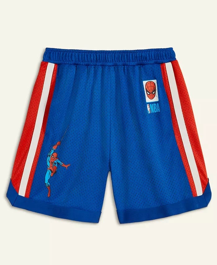 Blue mesh NBA shorts with red and white stripes, Macy's Collection Spider-Man graphics; no Disney castle like those at the parks.