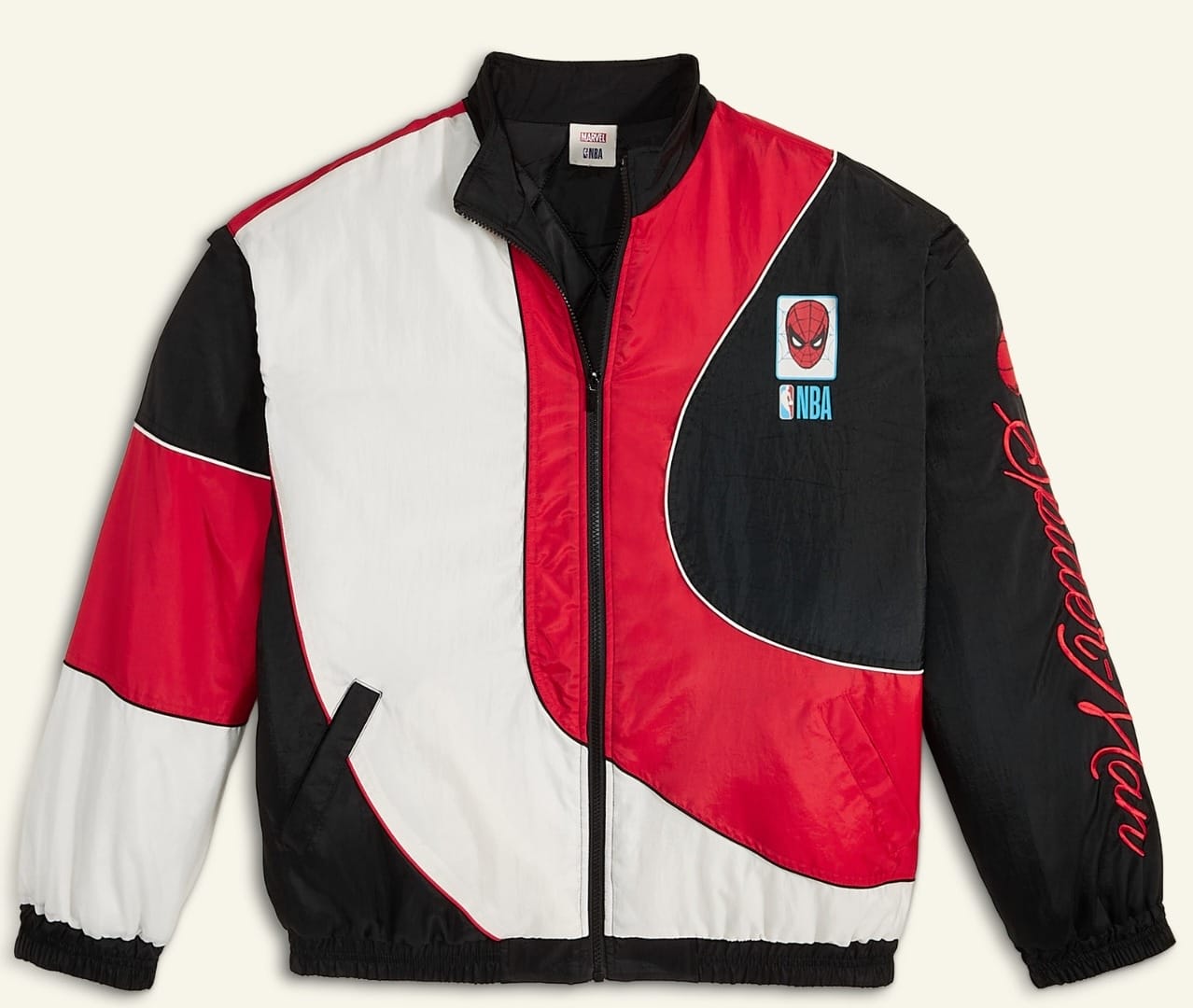 Red, black, and white NBA jacket from Macy's Collection with Spider-Man patch and “Spalding Varsity” sleeve—Web-Slingin’ style!
