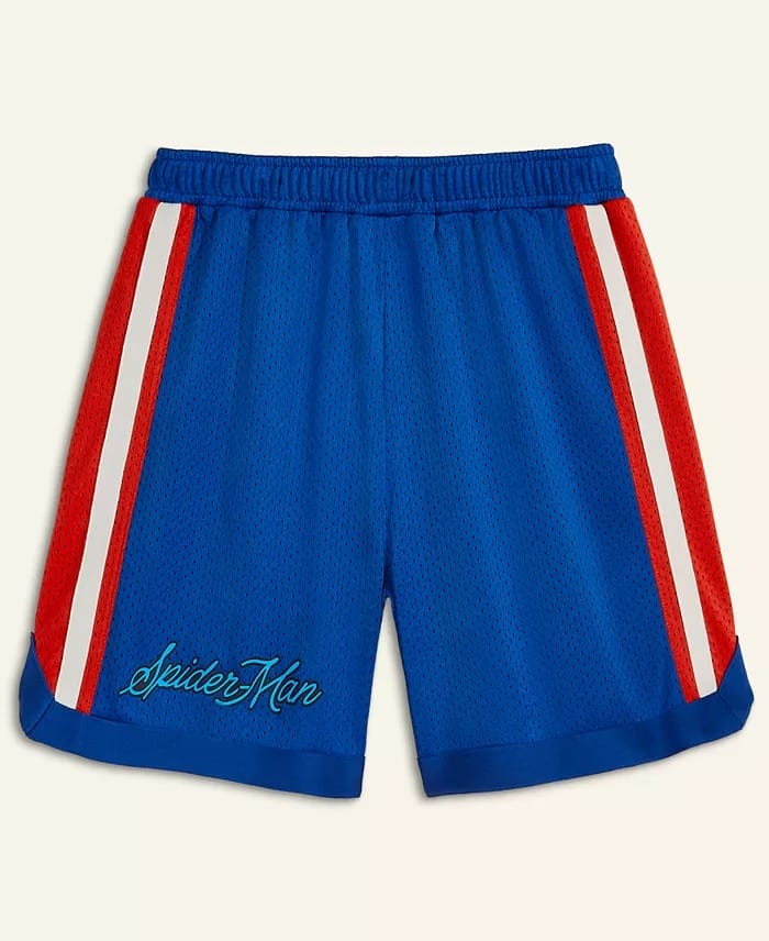 Blue mesh athletic shorts with red and white stripes, Macy's Collection, "Spider-Man" on left leg; Disney Parks Spider-Man merch.