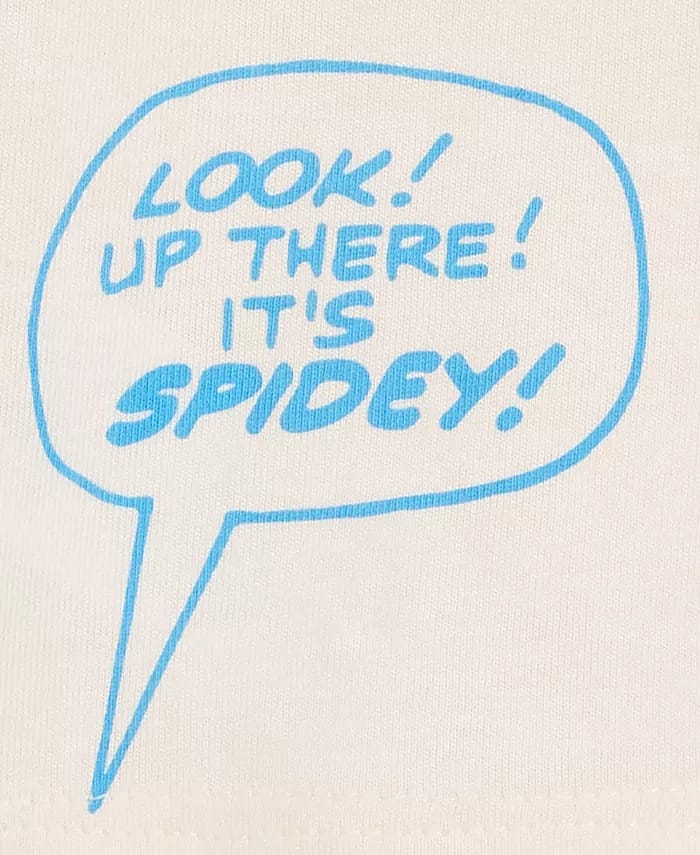 Blue comic-style speech bubble says, "LOOK! UP THERE! IT'S SPIDER-MAN!" on a light background, no Disney castle in sight.