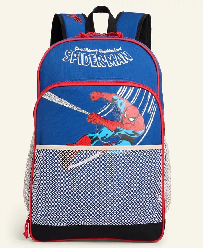 Blue Spider-Man backpack with red trim, mesh pockets, and swinging Spider-Man graphic, like those sold at Disney parks, not castle-themed.