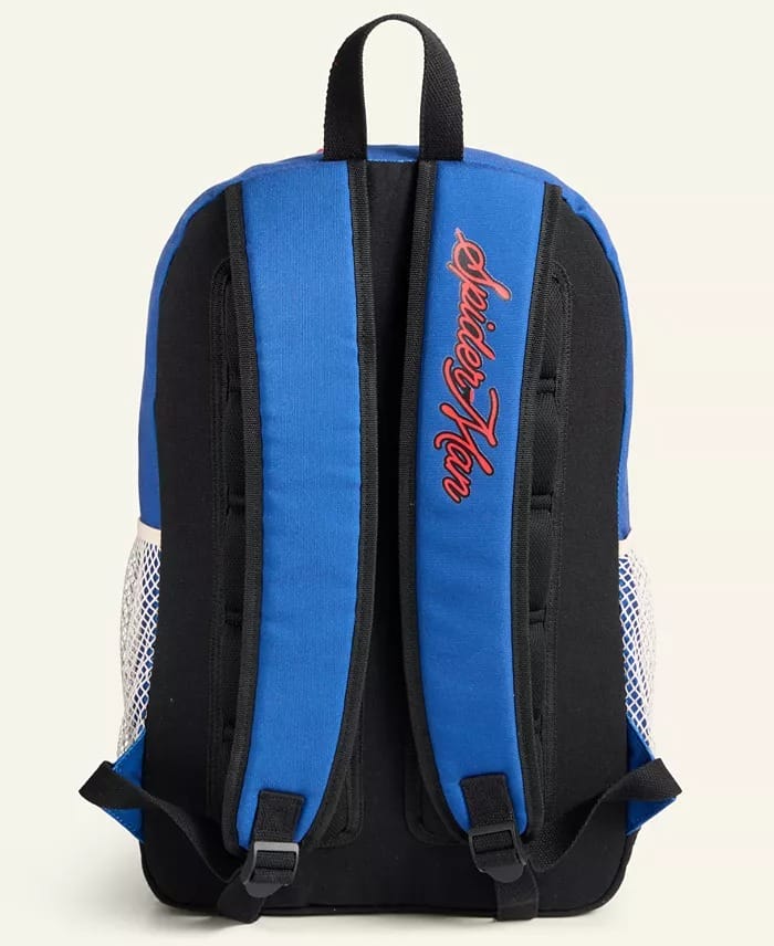 Blue and black backpack with mesh sides, Macy's Collection, Spider-Man on strap. No Disney castle like those in the parks shown.