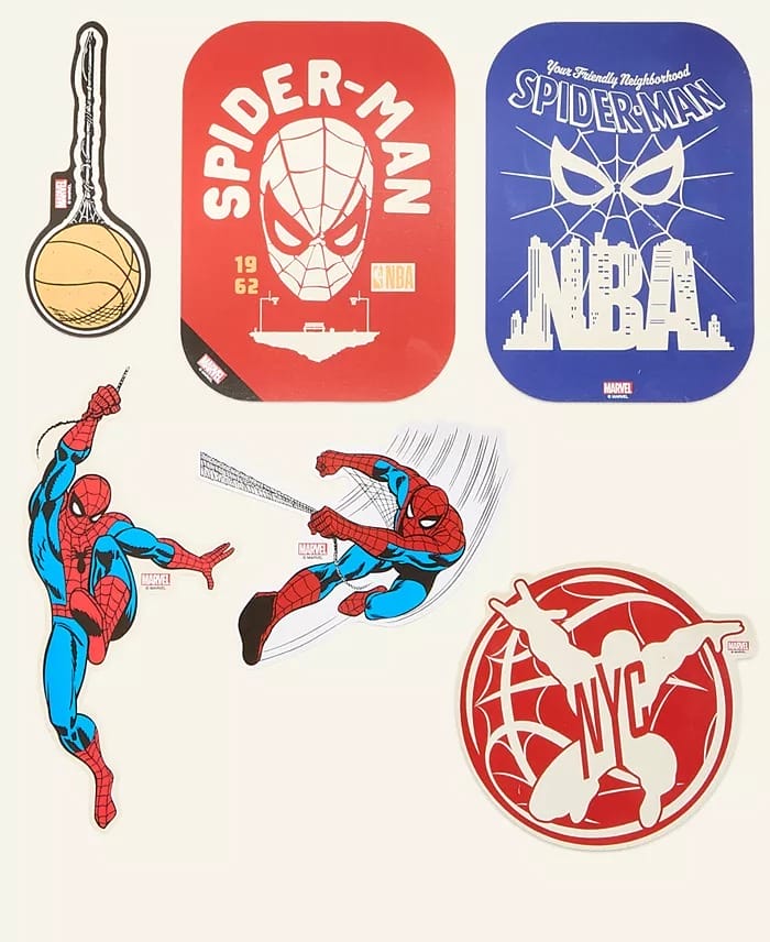 Six Spider-Man-themed stickers with NBA logos and basketballs, styled like Disney park icons, reminiscent of castle comparisons.