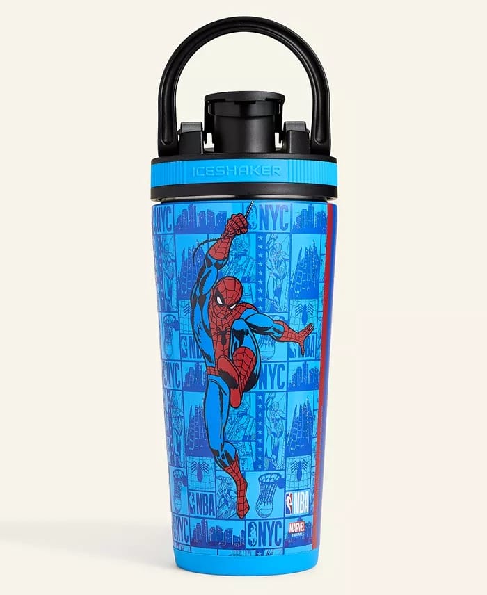 Blue water bottle with Spider-Man graphic and NYC, NBA logos, reminiscent of Marvel gear found at Disney parks; black flip-top lid.