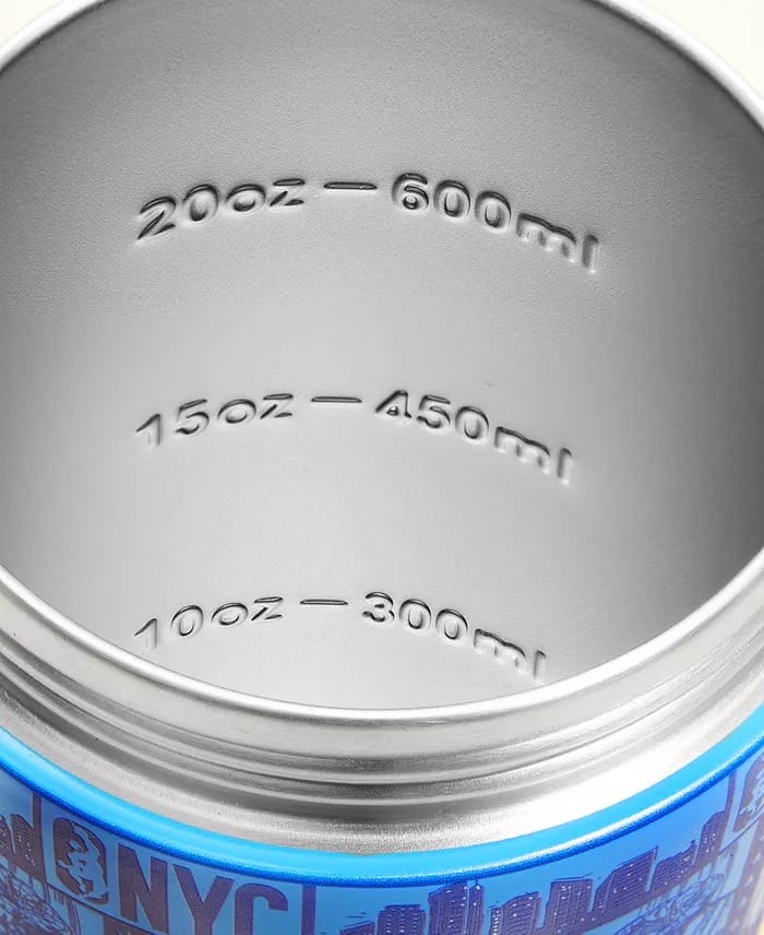 Open blue insulated bottle from Macy's Collection with embossed 10 oz, 15 oz, and 20 oz marks—no Disney castle theming visible.