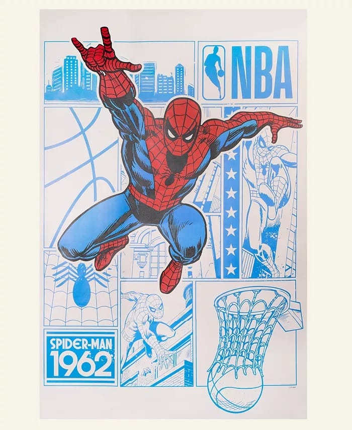 Spider-Man swings across a vibrant comic collage, joined by NBA and basketball icons, plus Macy's "Spider-Man 1962" branding.
