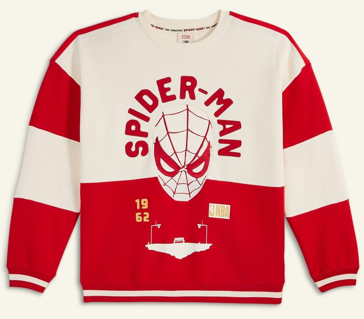 Red and white Spider-Man sweatshirt with NBA-themed graphics, Macy's Collection, bold Spider-Man face, perfect for Disney parks.