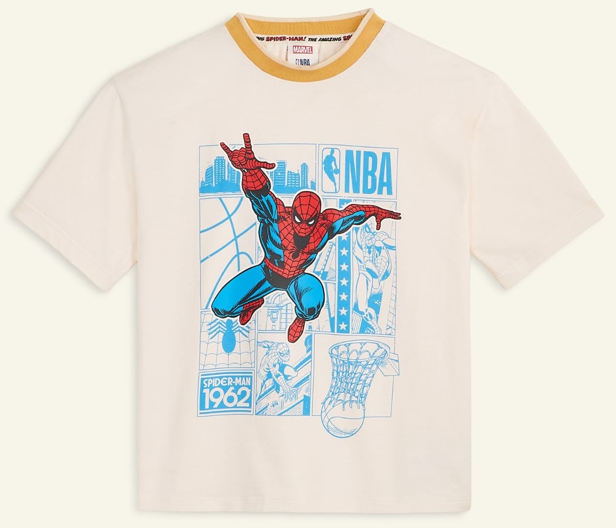 Cream t-shirt from Macy's Collection with Spider-Man, NBA logo, comic panels, and "Spider-Man 1962"—not a Disney castle design.