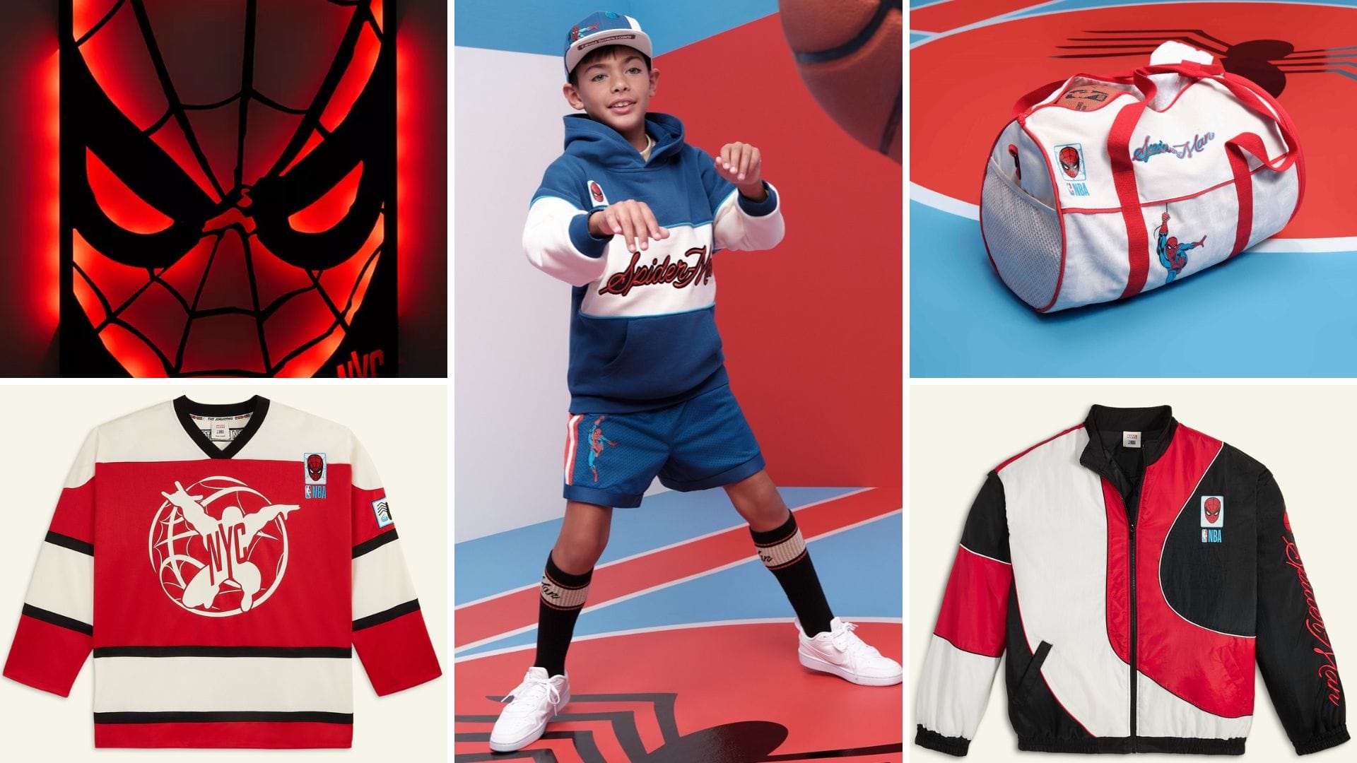 Collage of Spider-Man streetwear at Disney park: boy posing, jackets, NBA duffel bag, glowing Spidey face—no castle shown.