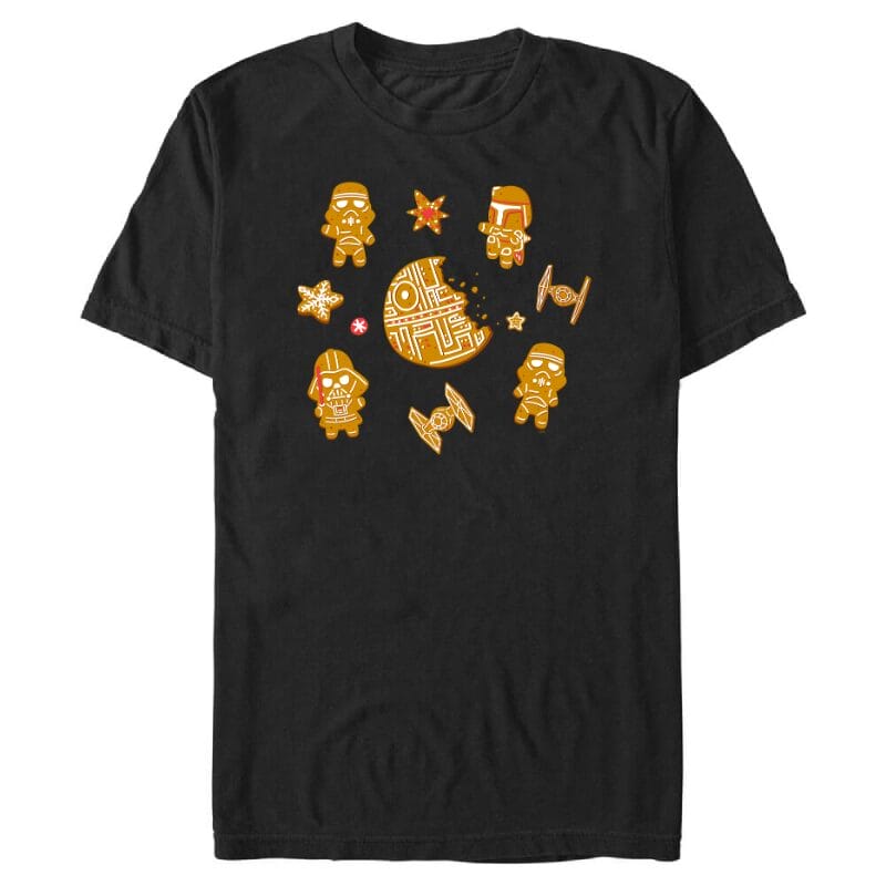 Black t-shirt featuring Star Wars gingerbread characters and ships, reminiscent of treats found at Disney Parks merch shops.