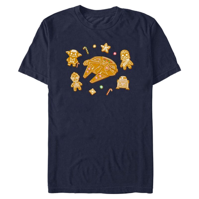Navy blue Disney Store tee with gingerbread Star Wars characters and Millennium Falcon cookies; no Disney castle featured here.