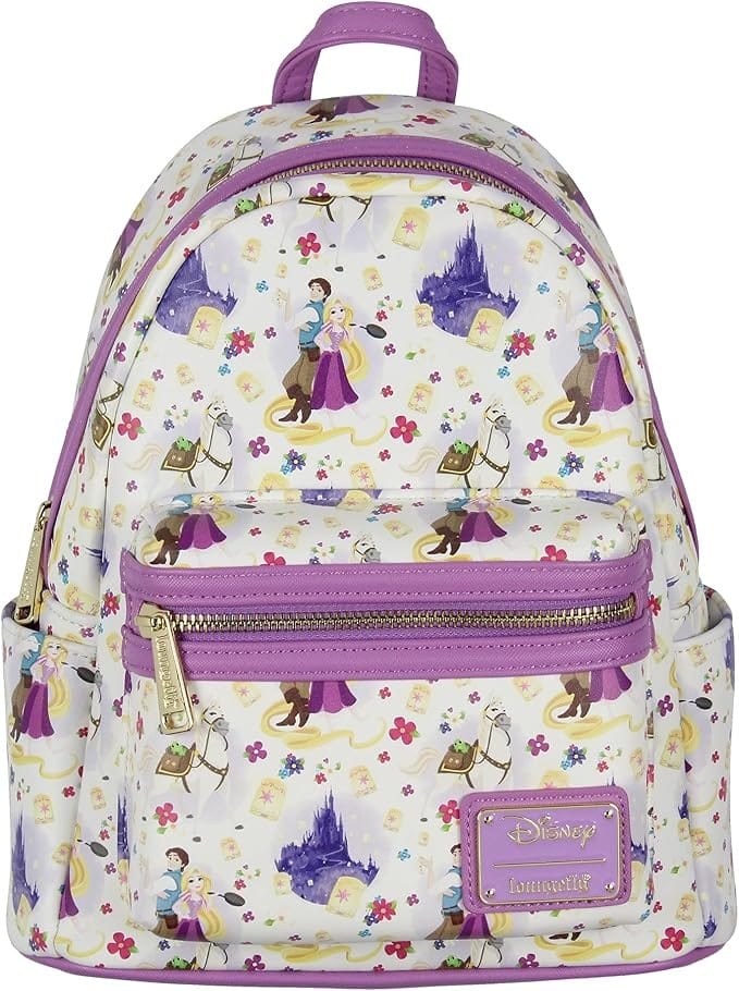 A white Disney backpack with Rapunzel and Flynn Rider print, perfect for Disney Backpacks fans and Amazon Prime Big Deal Days.
