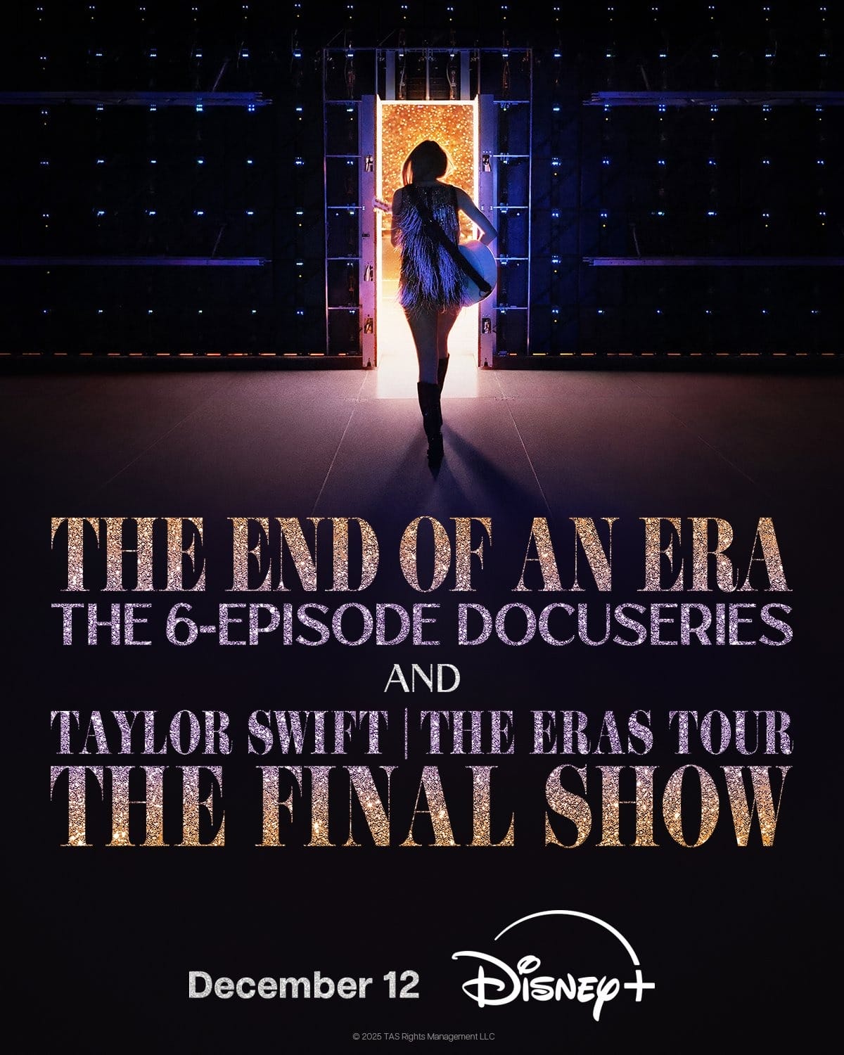 A woman in a sparkly outfit stands in a lit doorway; text promotes Taylor Swift Eras Tour docuseries streaming on Disney+.