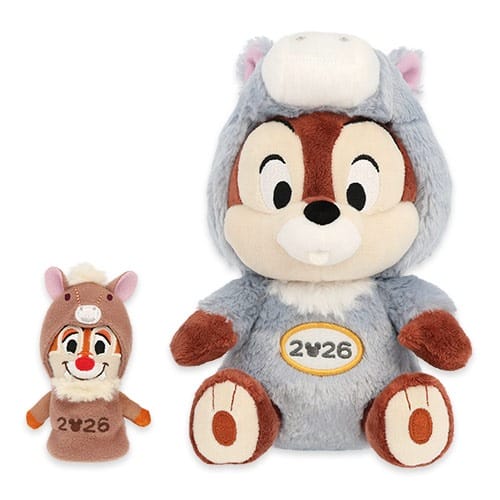 Two chipmunk plush toys in animal costumes from Tokyo Disney Resort’s 2026 New Year's line, exclusive to this park in Japan.