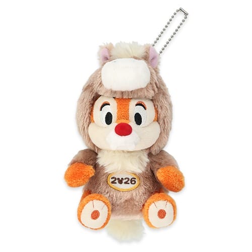 Plush keychain of a cartoon chipmunk in festive costume, "2/26" on its belly, exclusive to Tokyo Disney Resort 2026 New Year's line.