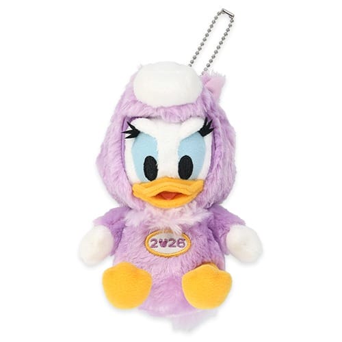 White duck plush keychain in a purple outfit with "2426" badge—2026 New Year’s item, exclusive to Tokyo Disney Resort.