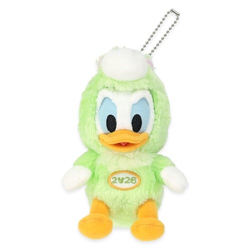 Donald Duck plush keychain in a green outfit with a "2♥26" badge, Tokyo Disney Resort 2026 New Year's item, unique to Japan parks.