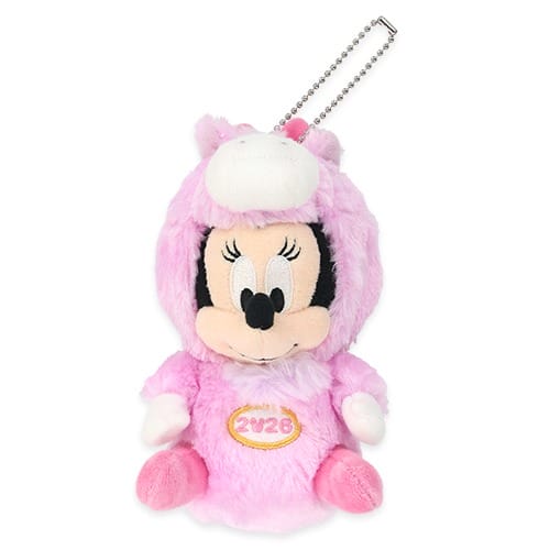 Plush keychain of a cartoon mouse in a pink animal costume, exclusive to Tokyo Disney Resort’s 2026 New Year’s line—no castle shown.